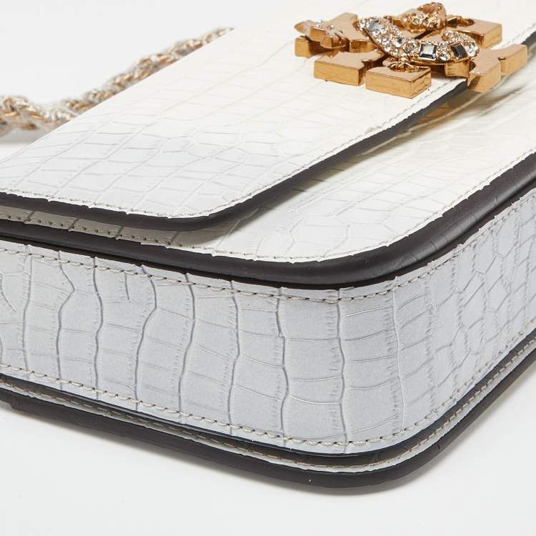 Pre Owned Tory Burch Warm White/Mist Croc Embossed Leather Eleanor Dragon Rectangular Shoulder Bag