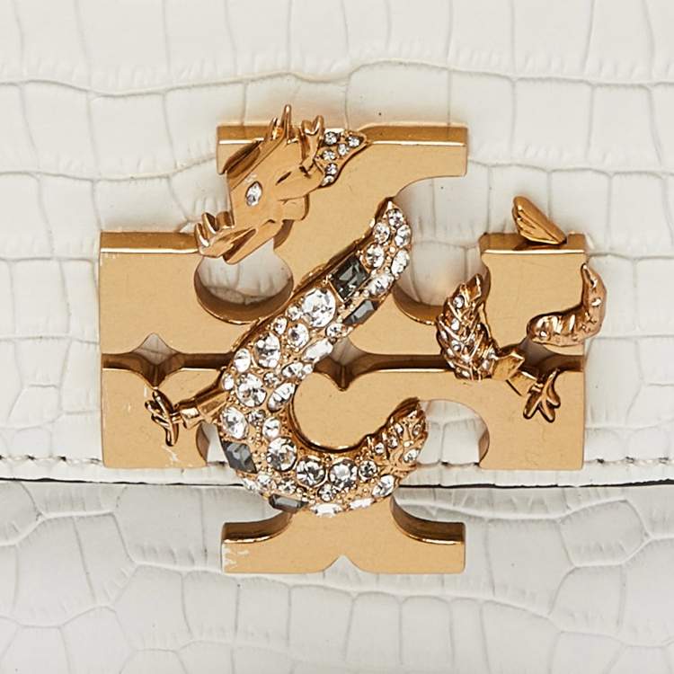 Pre Owned Tory Burch Warm White/Mist Croc Embossed Leather Eleanor Dragon Rectangular Shoulder Bag