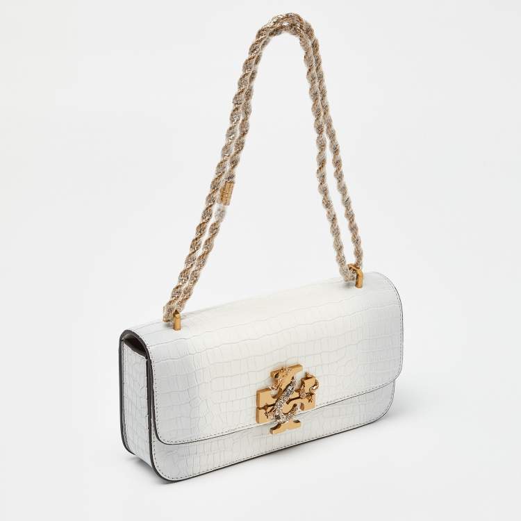 Pre Owned Tory Burch Warm White/Mist Croc Embossed Leather Eleanor Dragon Rectangular Shoulder Bag