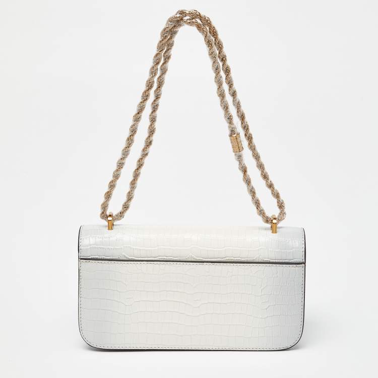 Pre Owned Tory Burch Warm White/Mist Croc Embossed Leather Eleanor Dragon Rectangular Shoulder Bag