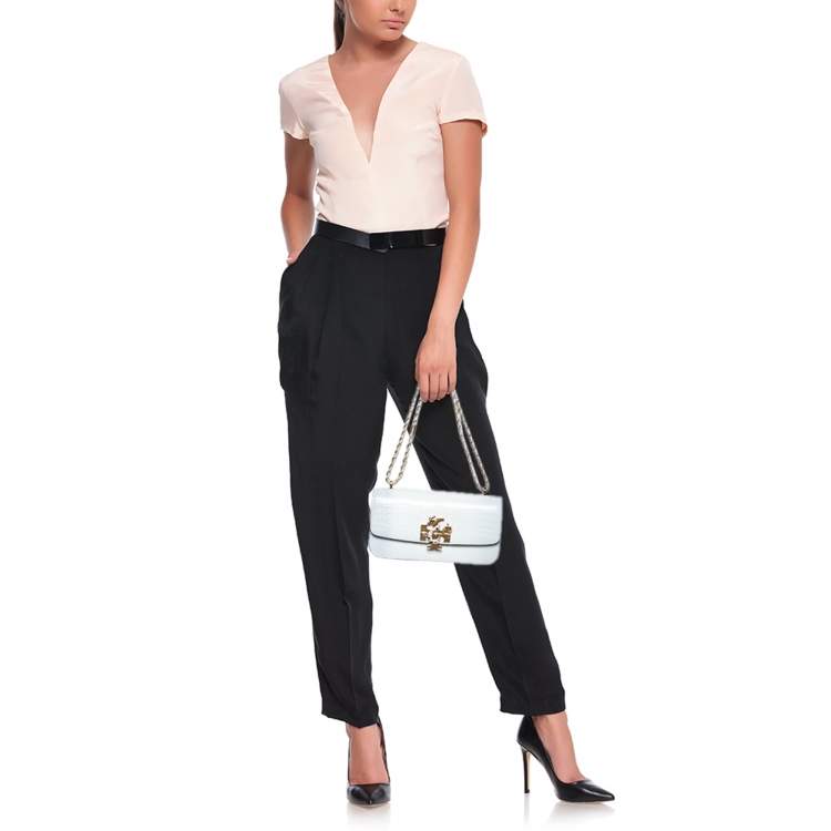 Pre Owned Tory Burch Warm White/Mist Croc Embossed Leather Eleanor Dragon Rectangular Shoulder Bag