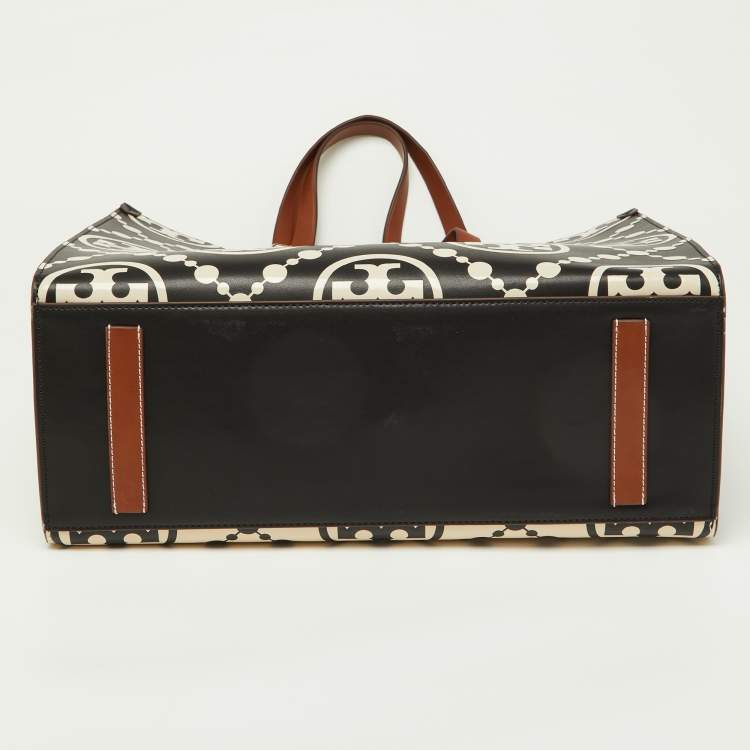 Pre Owned Tory Burch Black/Beige T Monogram Embossed Leather Tote