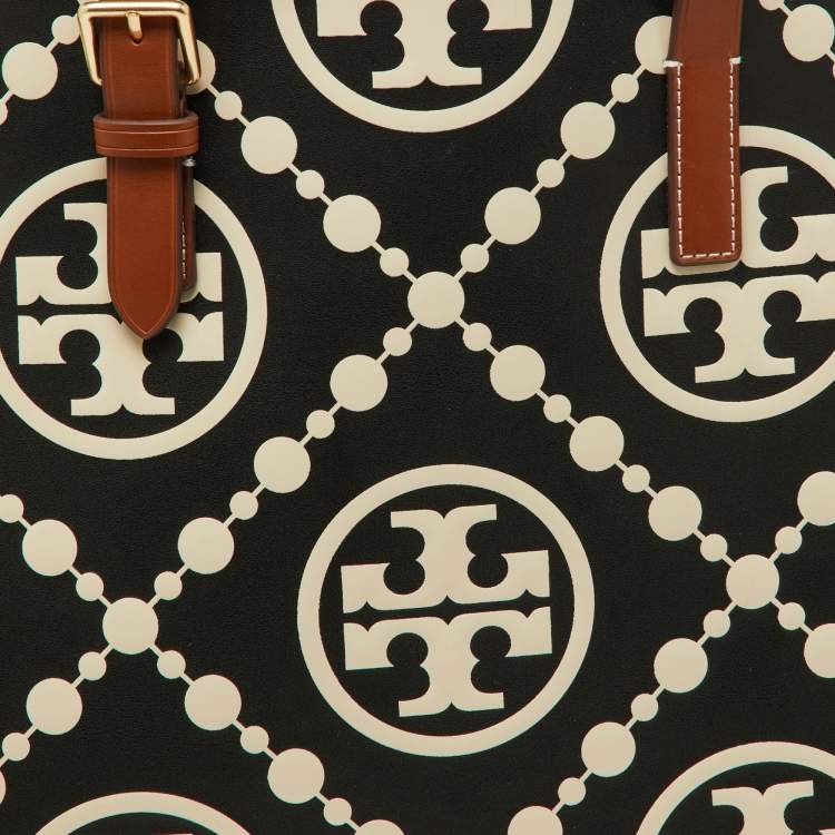 Pre Owned Tory Burch Black/Beige T Monogram Embossed Leather Tote