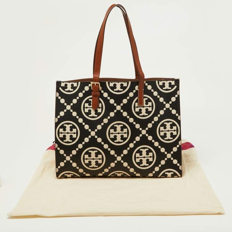 Pre Owned Tory Burch Black/Beige T Monogram Embossed Leather Tote