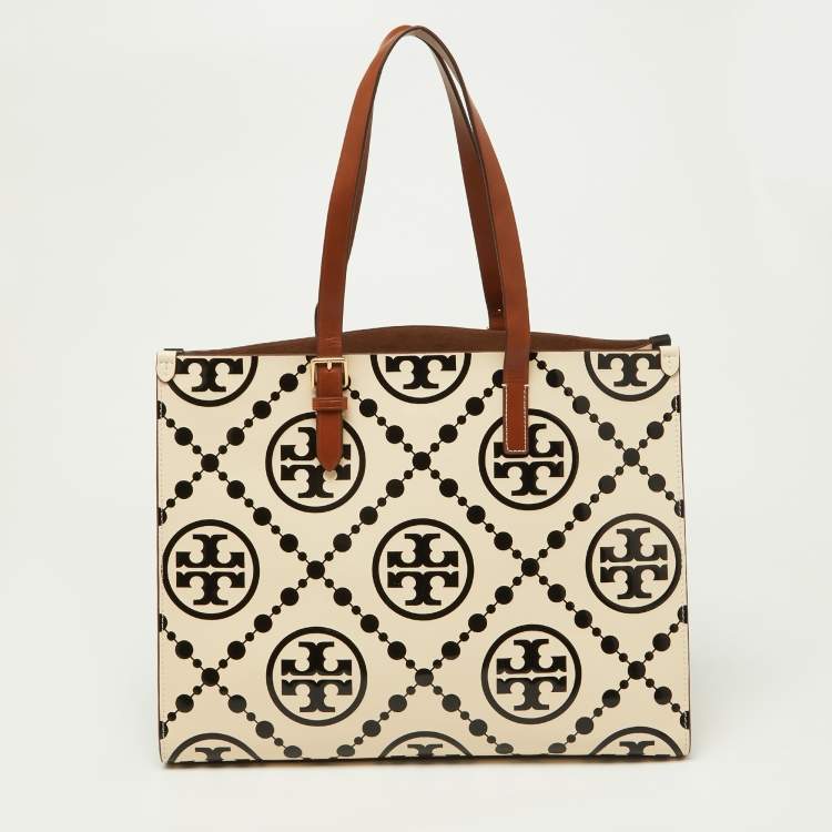Pre Owned Tory Burch Black/Beige T Monogram Embossed Leather Tote