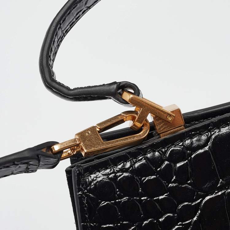 Pre Owned Tory Burch Black Croc Embossed Leather Eleanor Top Handle Bag