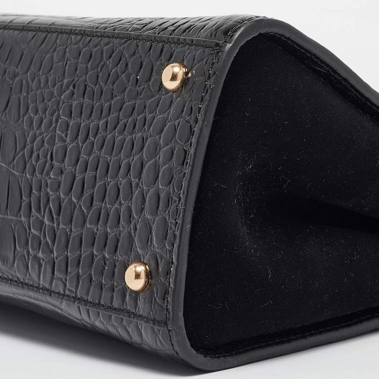 Pre Owned Tory Burch Black Croc Embossed Leather Eleanor Top Handle Bag