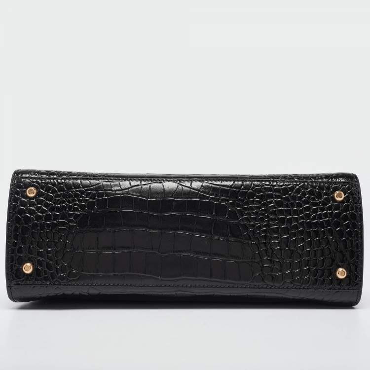 Pre Owned Tory Burch Black Croc Embossed Leather Eleanor Top Handle Bag