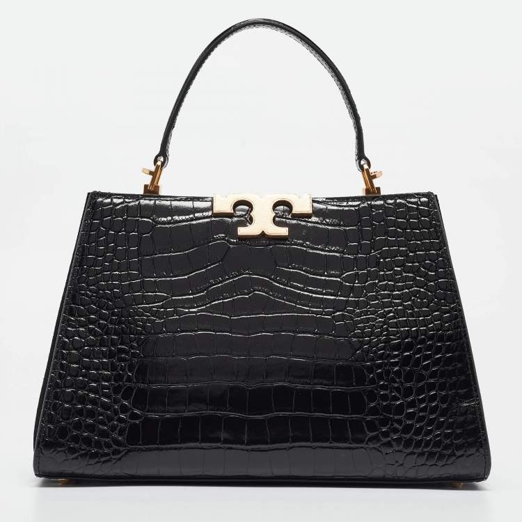 Pre Owned Tory Burch Black Croc Embossed Leather Eleanor Top Handle Bag