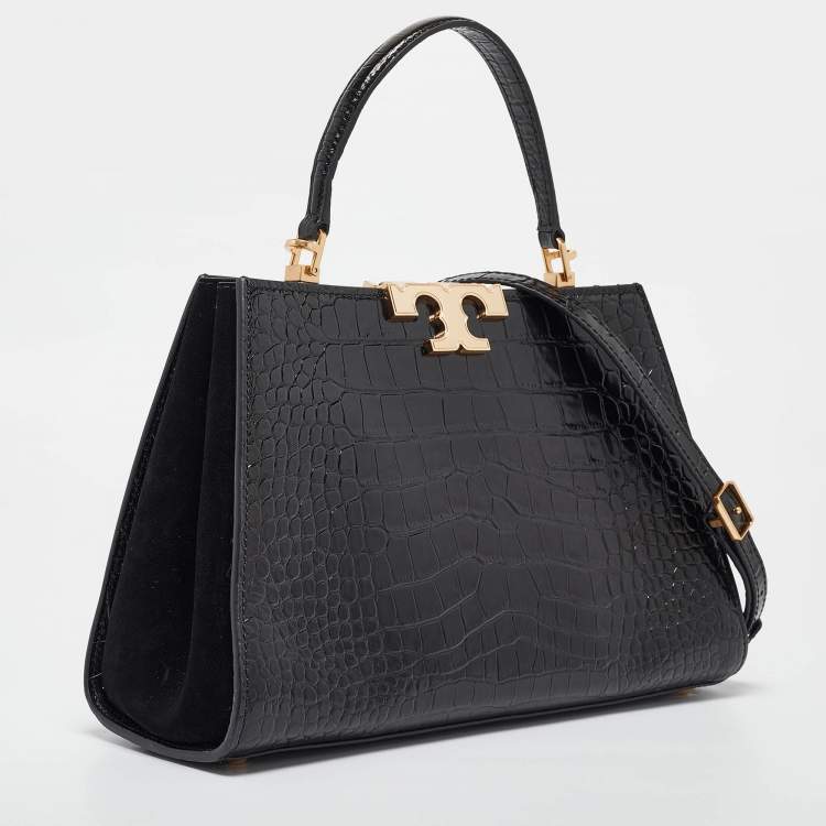 Pre Owned Tory Burch Black Croc Embossed Leather Eleanor Top Handle Bag
