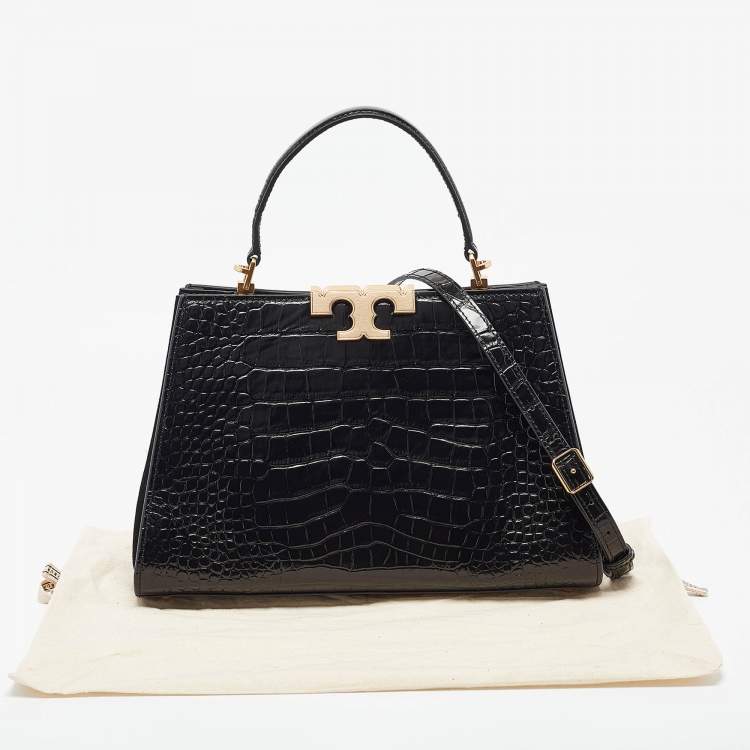 Pre Owned Tory Burch Black Croc Embossed Leather Eleanor Top Handle Bag