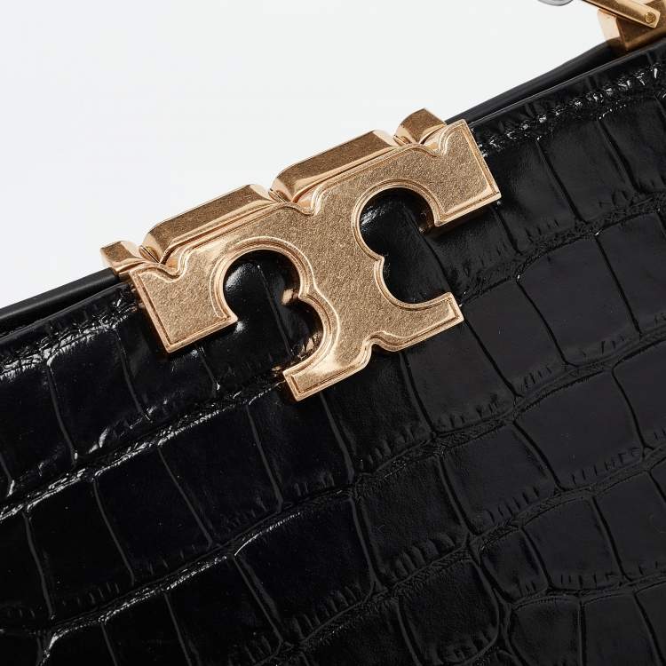 Pre Owned Tory Burch Black Croc Embossed Leather Eleanor Top Handle Bag