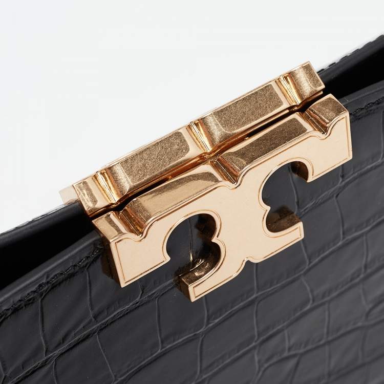 Pre Owned Tory Burch Black Croc Embossed Leather Eleanor Top Handle Bag