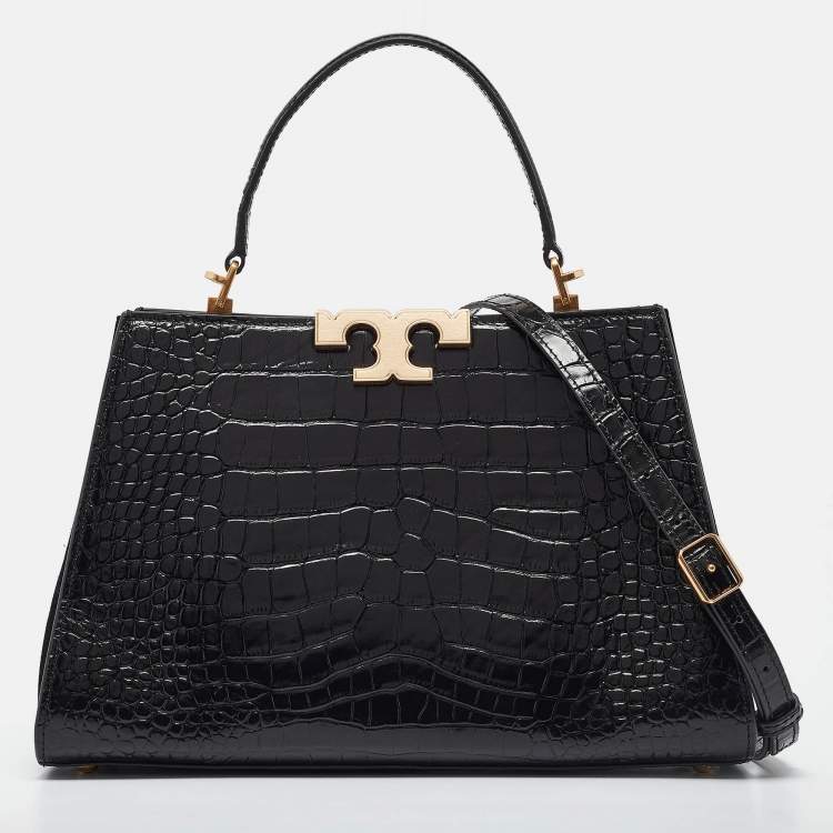 Pre Owned Tory Burch Black Croc Embossed Leather Eleanor Top Handle Bag