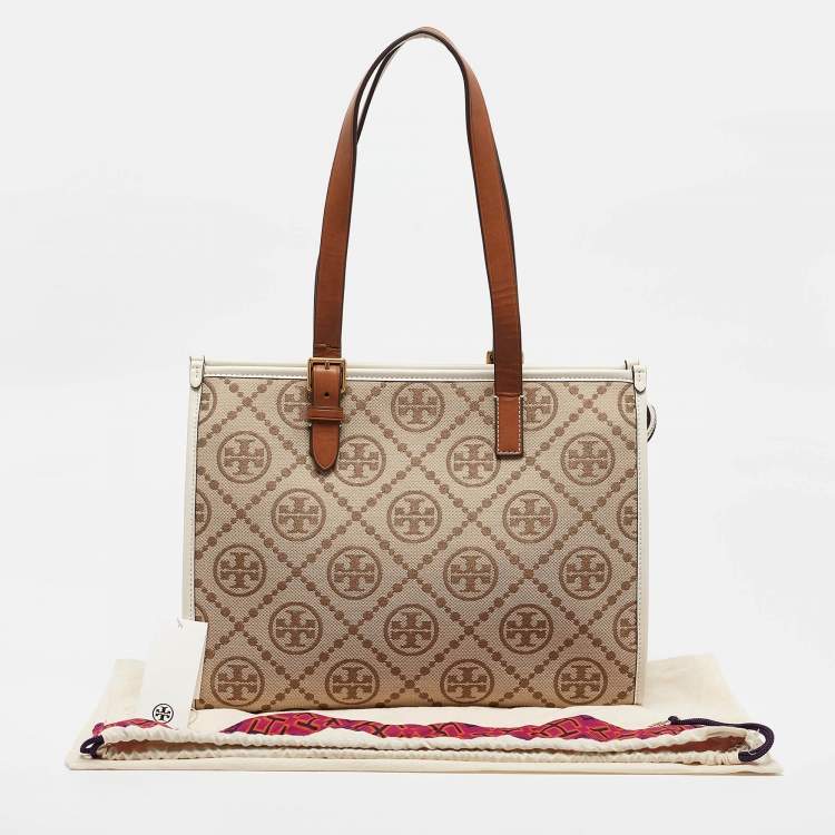 Pre Owned Tory Burch Brown/Ivory T Monogram Canvas Small Tote