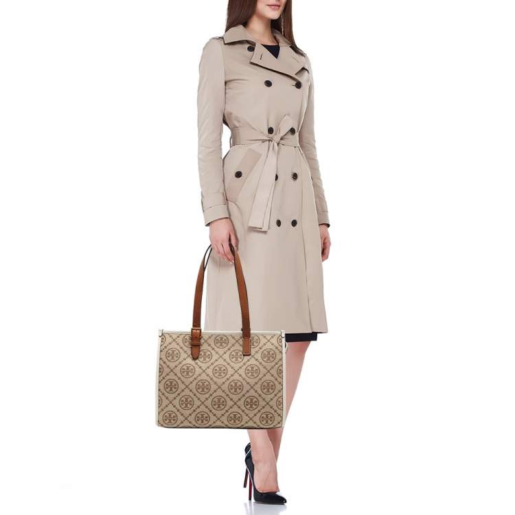 Pre Owned Tory Burch Brown/Ivory T Monogram Canvas Small Tote