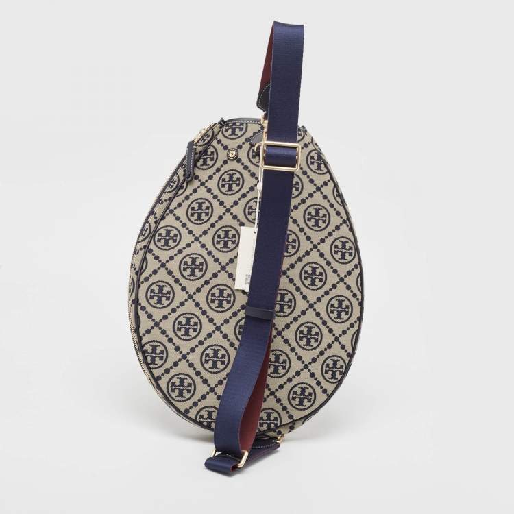Pre Owned Tory Burch Navy Blue T Monogram Jacquard Canvas Tennis Bag