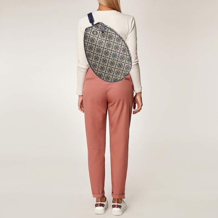 Pre Owned Tory Burch Navy Blue T Monogram Jacquard Canvas Tennis Bag