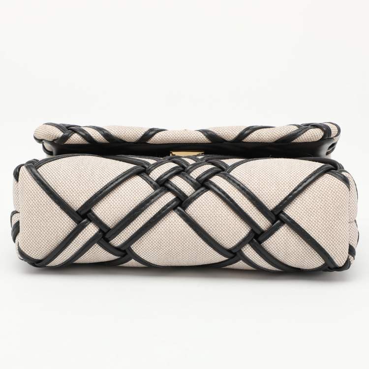 Pre Owned Tory Burch Beige/Black Canvas and Leather Kira Mini Flap Crossbody Bag