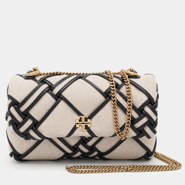 Pre Owned Tory Burch Beige/Black Canvas and Leather Kira Mini Flap Crossbody Bag