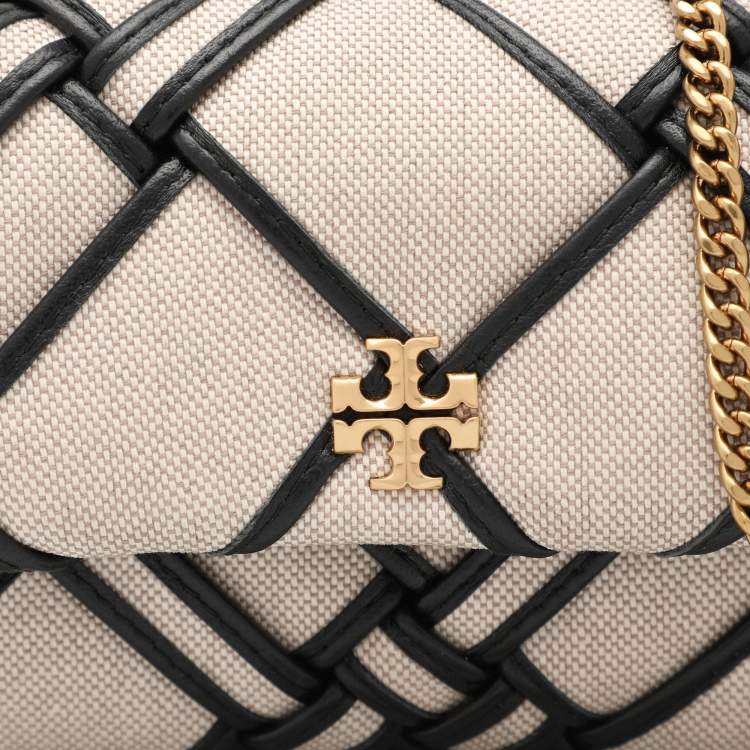 Pre Owned Tory Burch Beige/Black Canvas and Leather Kira Mini Flap Crossbody Bag