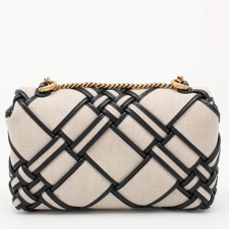 Pre Owned Tory Burch Beige/Black Canvas and Leather Kira Mini Flap Crossbody Bag