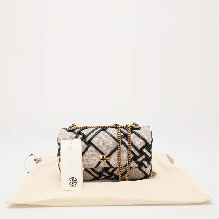 Pre Owned Tory Burch Beige/Black Canvas and Leather Kira Mini Flap Crossbody Bag