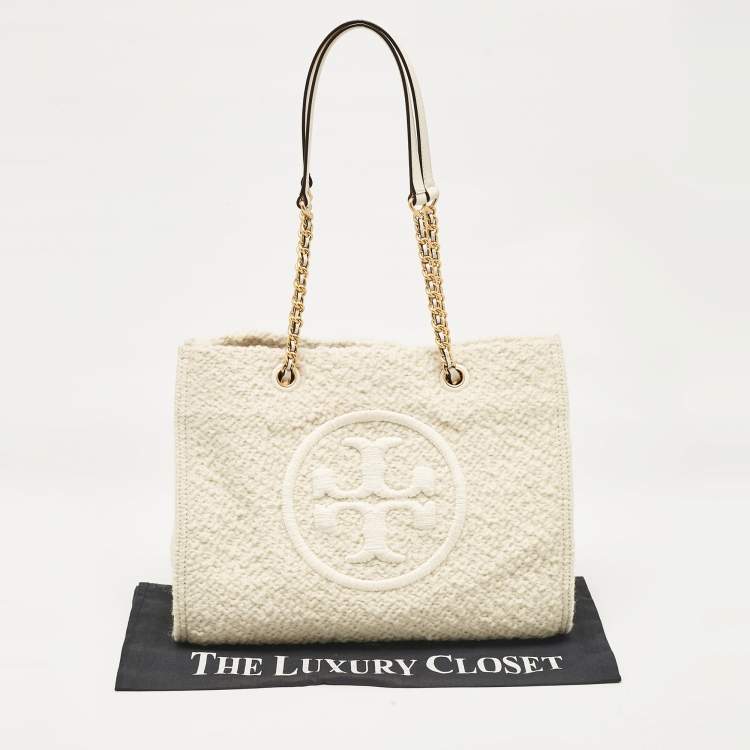 Pre Owned Tory Burch Cream Tweed Ella Boucle Chain Tote