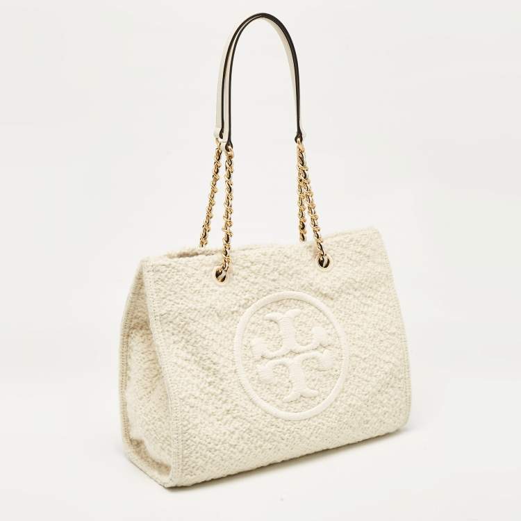 Pre Owned Tory Burch Cream Tweed Ella Boucle Chain Tote