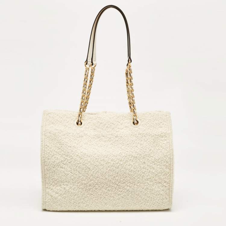 Pre Owned Tory Burch Cream Tweed Ella Boucle Chain Tote