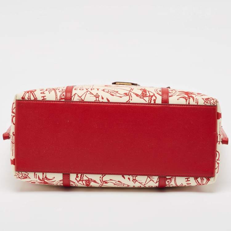 Pre Owned Tory Burch Red Fabric and Leather Printed Perry Tote
