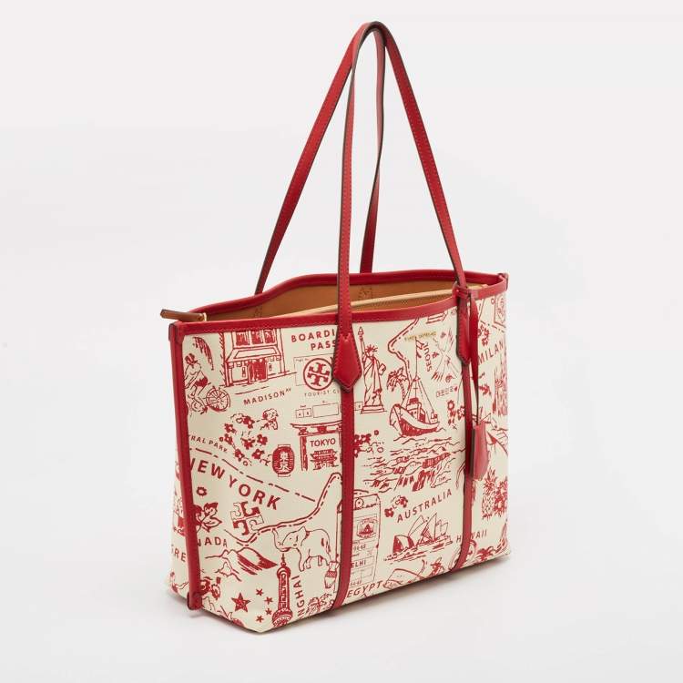 Pre Owned Tory Burch Red Fabric and Leather Printed Perry Tote