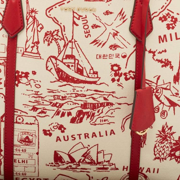 Pre Owned Tory Burch Red Fabric and Leather Printed Perry Tote