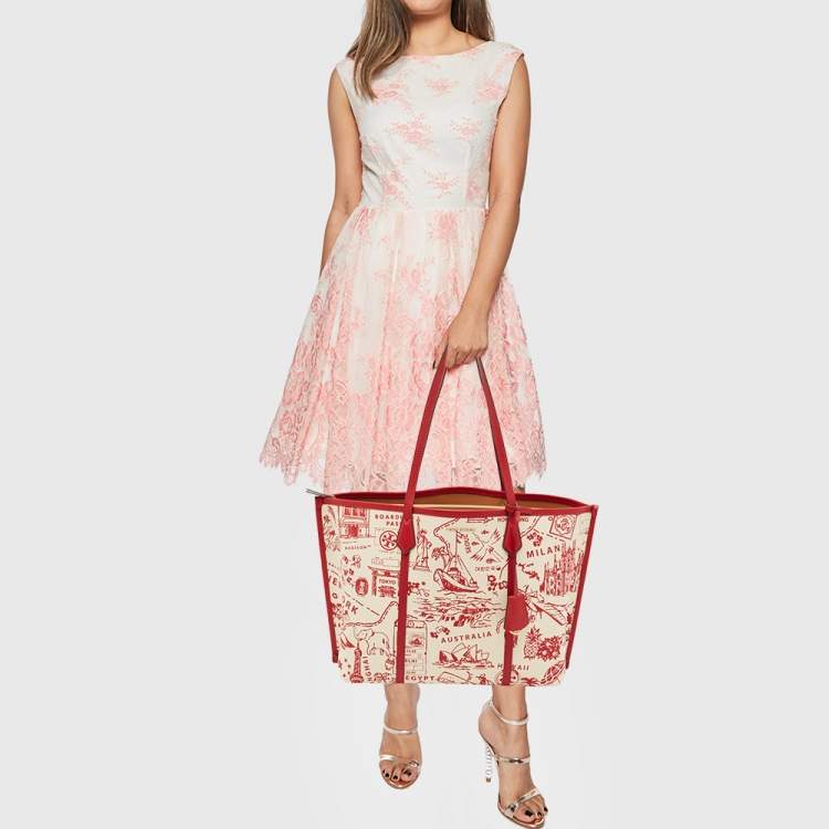 Pre Owned Tory Burch Red Fabric and Leather Printed Perry Tote