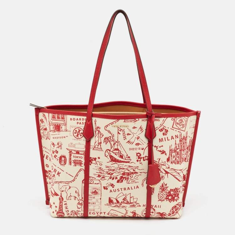 Pre Owned Tory Burch Red Fabric and Leather Printed Perry Tote