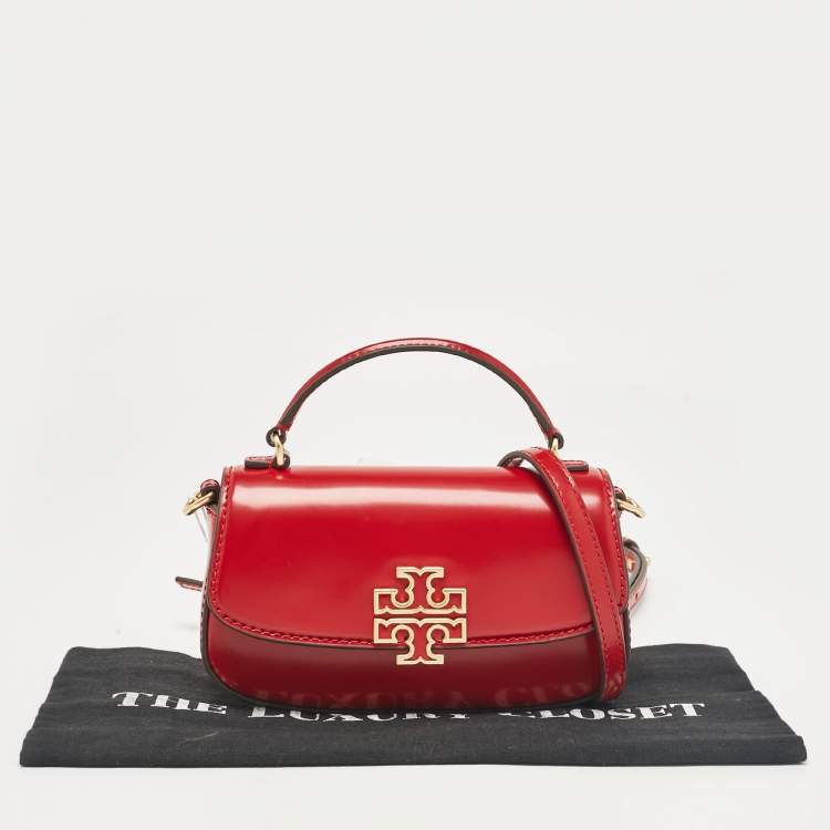 Pre Owned Tory Burch Red Glazed Leather MIni Britten Top Handle Bag
