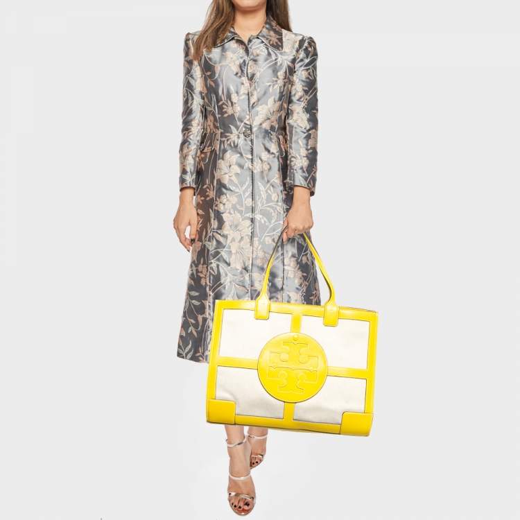 Pre Owned Tory Burch Yellow/Natural Canvas and Leather Large Ella Tote