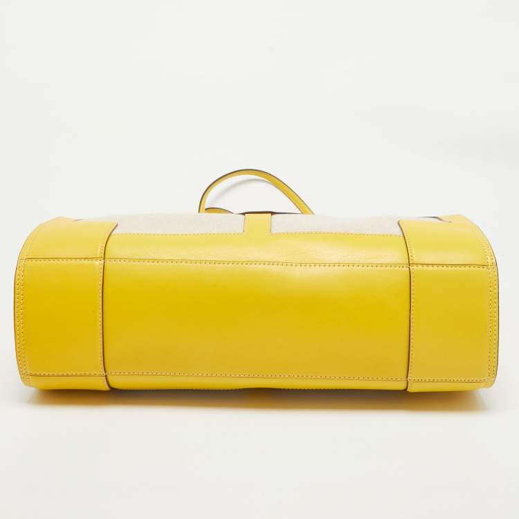 Pre Owned Tory Burch Yellow/Natural Canvas and Leather Large Ella Tote