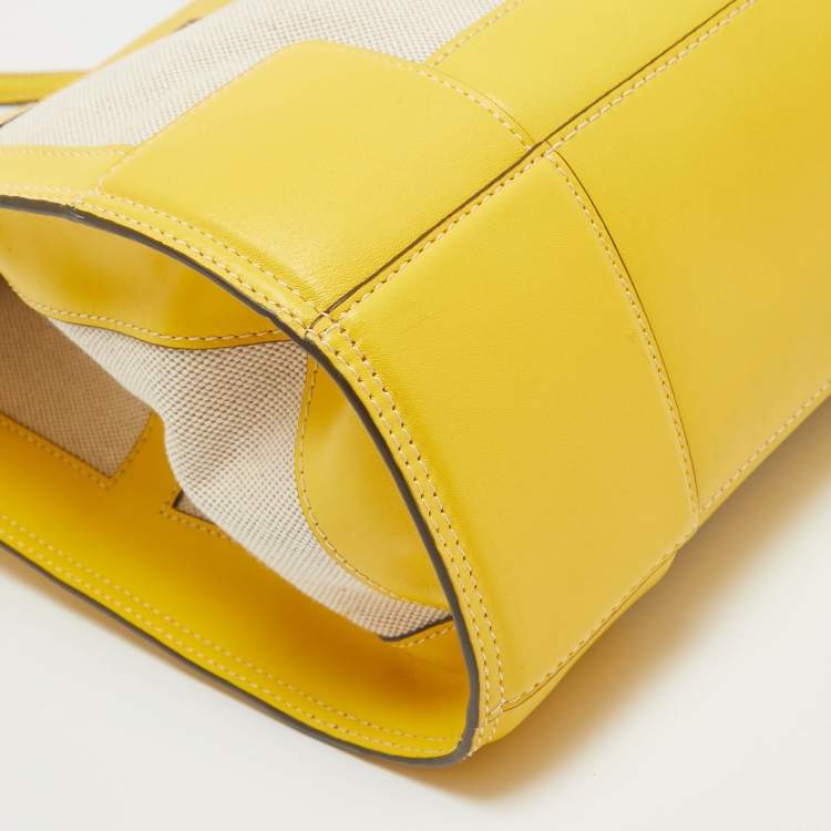 Pre Owned Tory Burch Yellow/Natural Canvas and Leather Large Ella Tote