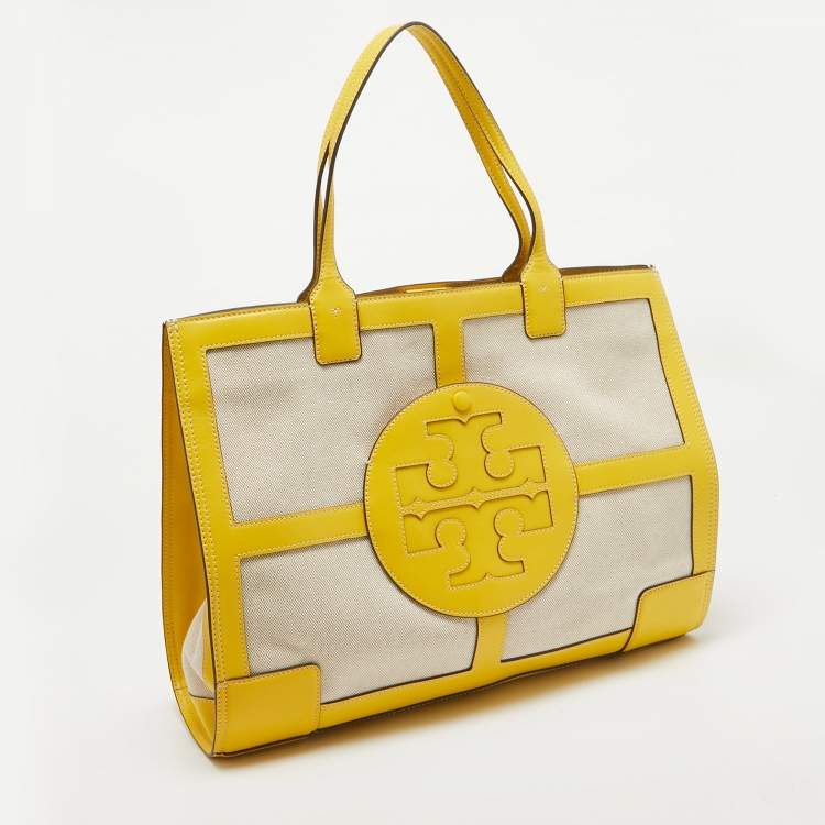 Pre Owned Tory Burch Yellow/Natural Canvas and Leather Large Ella Tote