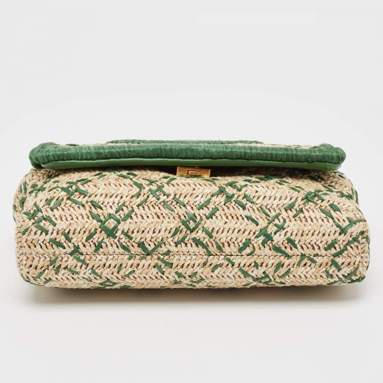 Pre Owned Tory Burch Green/Natural Woven Raffia Fleming Clutch
