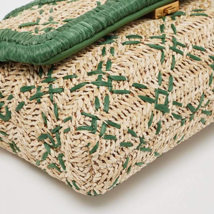 Pre Owned Tory Burch Green/Natural Woven Raffia Fleming Clutch
