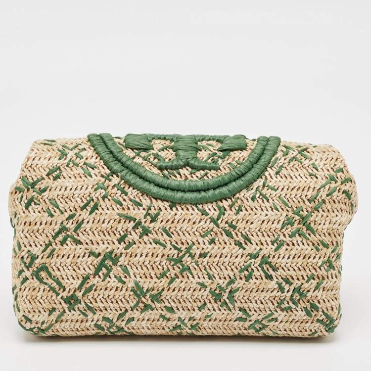 Pre Owned Tory Burch Green/Natural Woven Raffia Fleming Clutch
