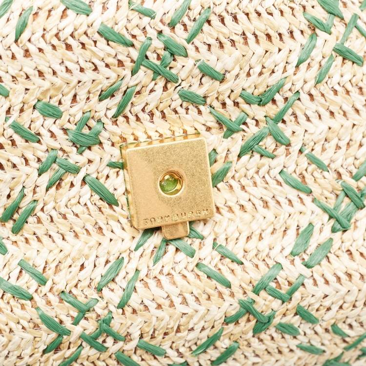 Pre Owned Tory Burch Green/Natural Woven Raffia Fleming Clutch