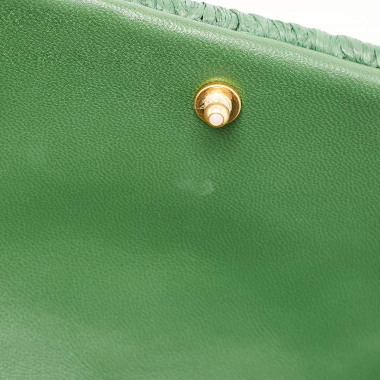Pre Owned Tory Burch Green/Natural Woven Raffia Fleming Clutch