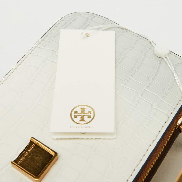 Pre Owned Tory Burch White Croc Embossed Leather Eleanor Dragon Rectangular Shoulder Bag