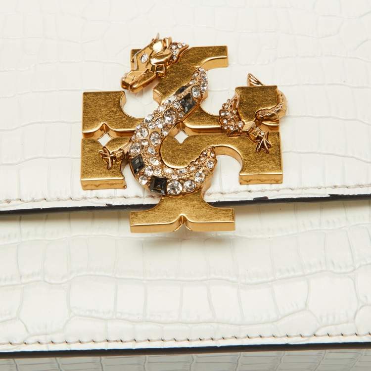 Pre Owned Tory Burch White Croc Embossed Leather Eleanor Dragon Rectangular Shoulder Bag