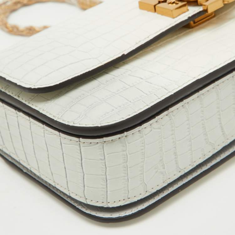 Pre Owned Tory Burch White Croc Embossed Leather Eleanor Dragon Rectangular Shoulder Bag
