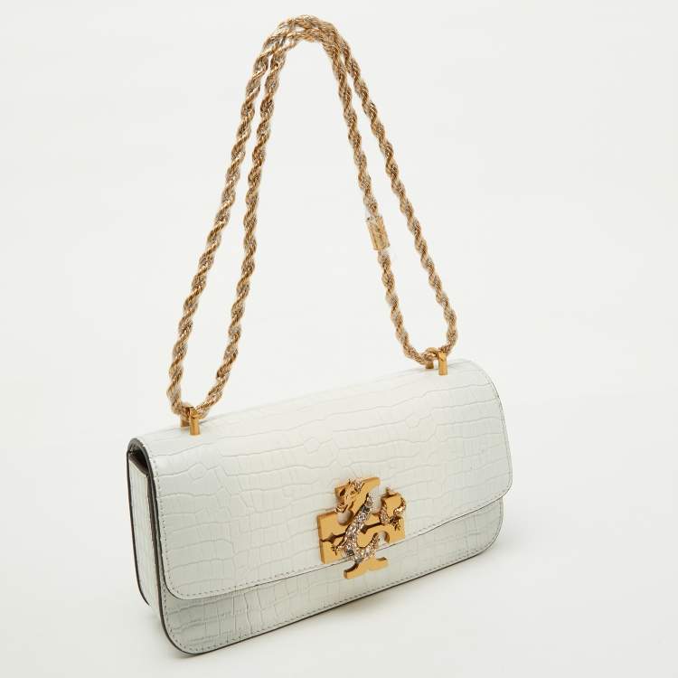 Pre Owned Tory Burch White Croc Embossed Leather Eleanor Dragon Rectangular Shoulder Bag
