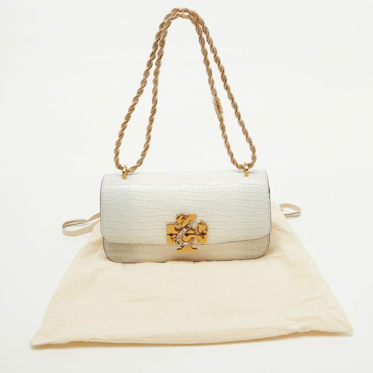 Pre Owned Tory Burch White Croc Embossed Leather Eleanor Dragon Rectangular Shoulder Bag